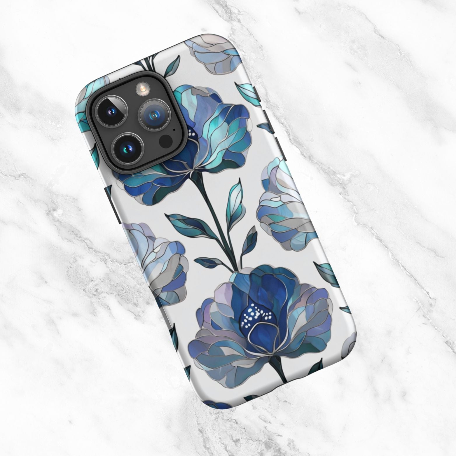 Stained Glass: Blue Silver Flowers Faux Stained Glass - Tough Case for iPhone®